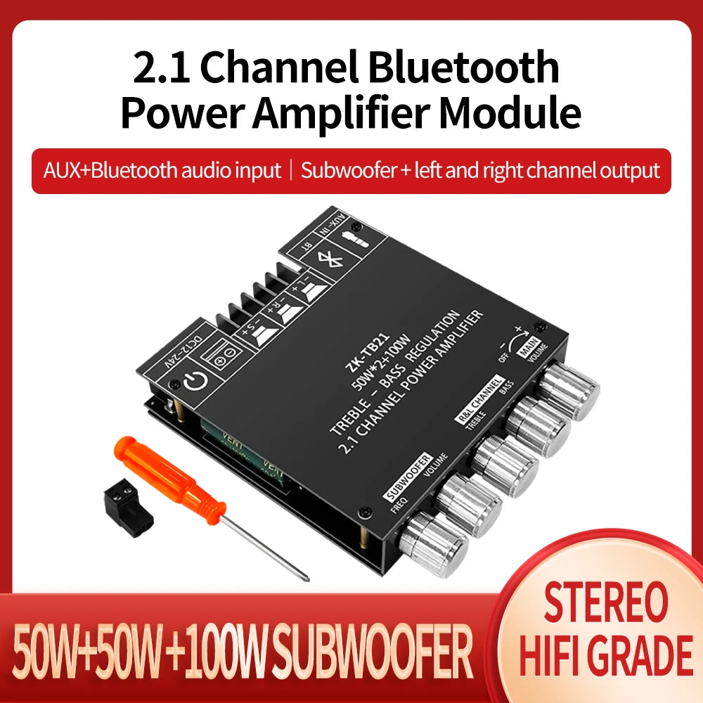Bluetooth-compatible Audio Stereo Subwoofer Amplificador Module 50W*2+100W 2.1 Channel Digital Power Amplifier Board AUX ZK-TB21