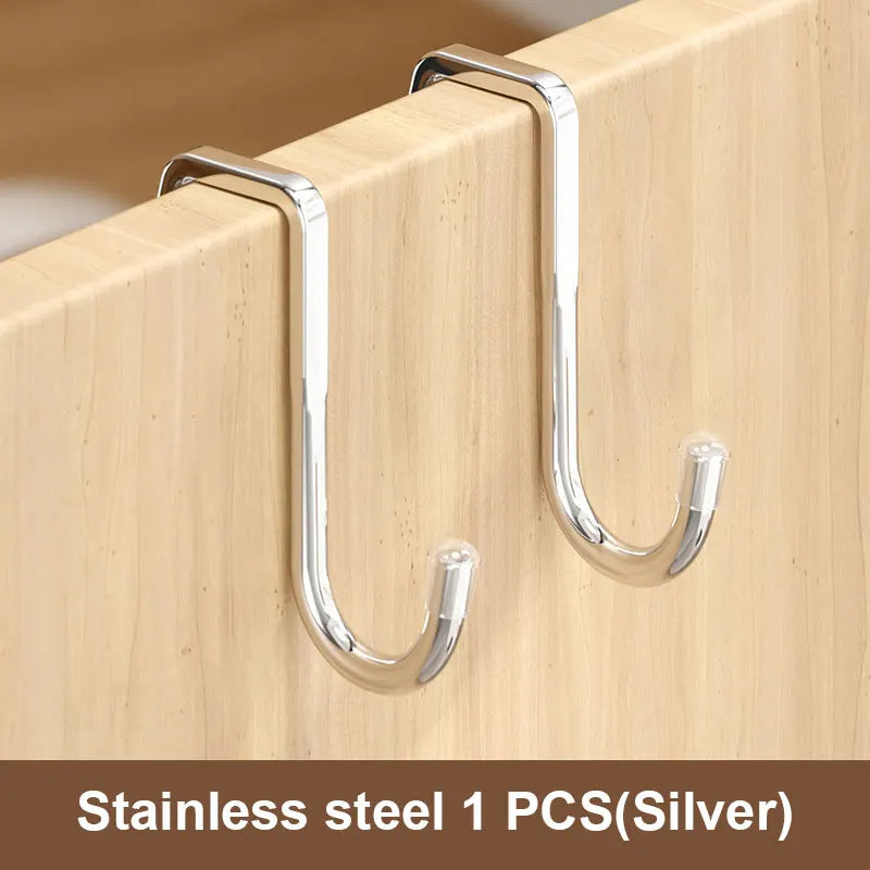 201 Stainless Steel Hook Free Punching Double S-Shape Hook Kitchen Bathroom Cabinet Door Back Type Coat Towel Storage Hanger