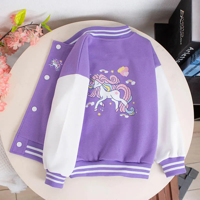 2023 Girls Cartoon Unicorn Jackets For 3-12 Years Teens Clothes For Teenage Girls Sports Outerwear Coat Spring Baseball Jacket