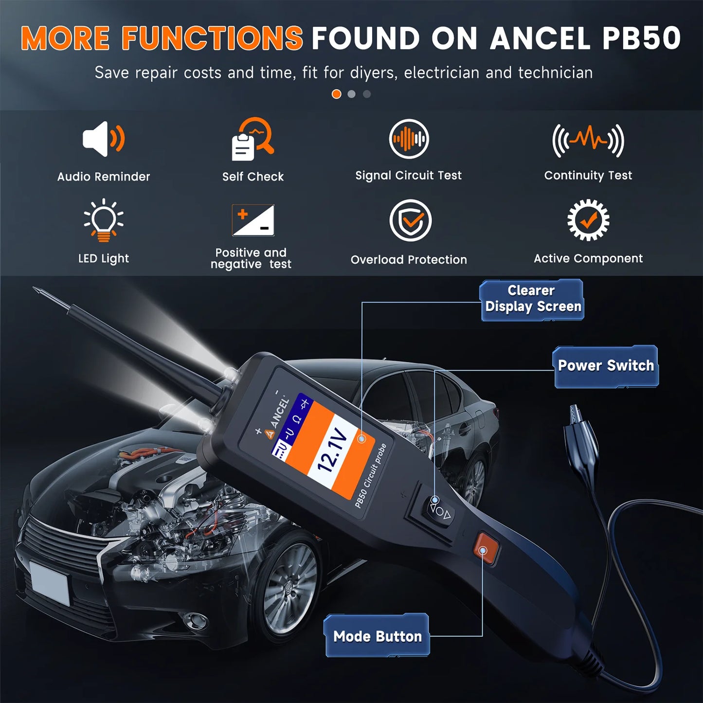 Ancel PB50 Car Circuit Tester Inspection Tool 12V 24V Automotive Power Circuit Probe Kit Electrical System Mechanical Works Tool