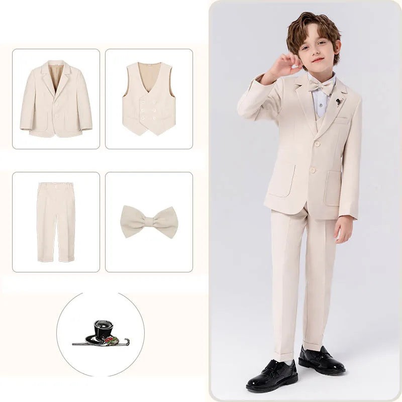 5 Pieces Children Jacket Vest Pants Bowtie Brooch Photograph Suit Boys Host Piano Dress Gentle Kids Easter Performance Costume