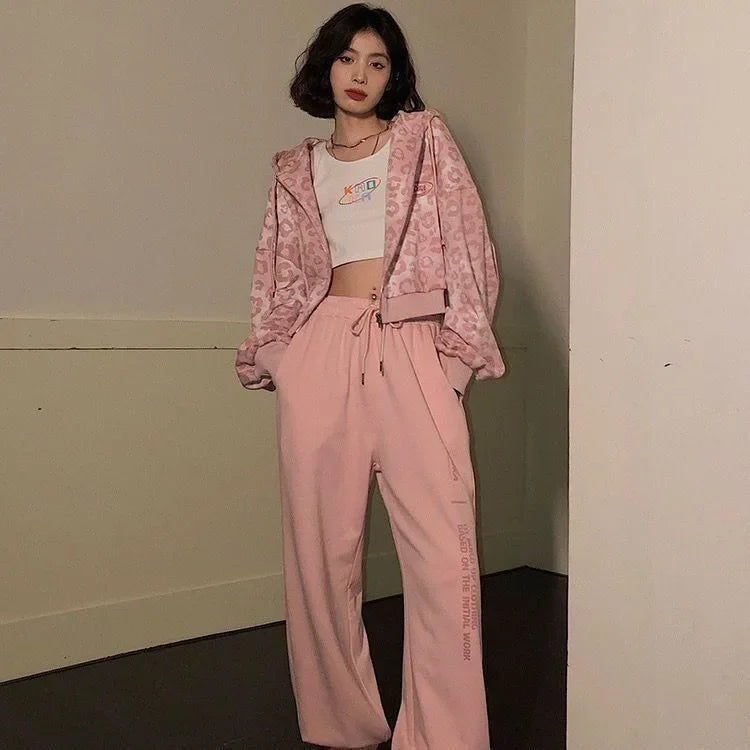 2023 Pink Leopard Slip-On Cropped Cardigan Jacket Women's Spring Autumn New Loose-Fit Hong Kong Style Vintage Hooded Sweatshirt