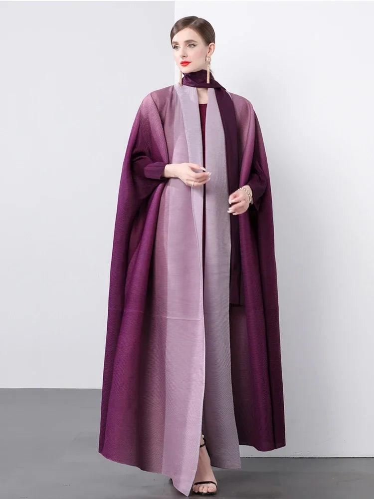 Miyake Folds Bandage V-neck Batwing Sleeve Trench Loose Fashion Slimming Temperament Casual Long Coat 2024 Autumn New Robe