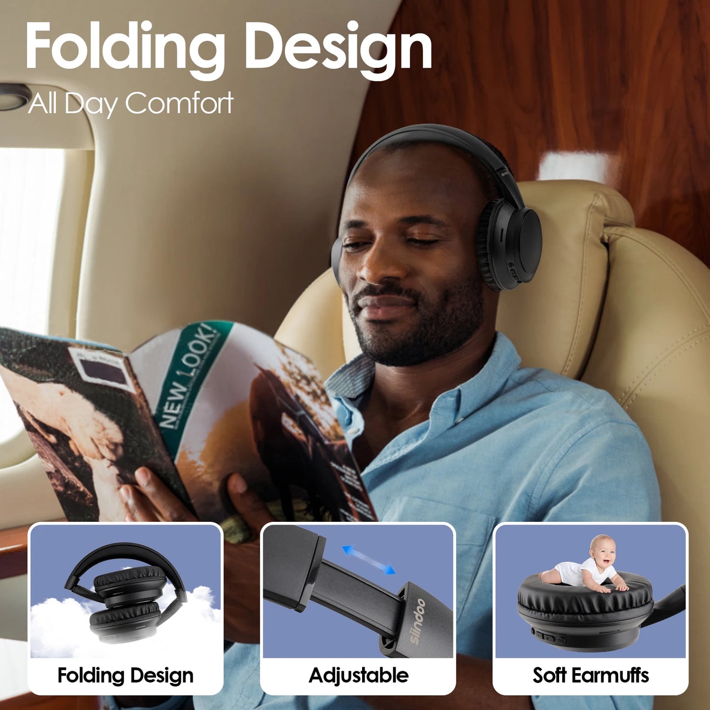 Siindoo JH-820 Wireless Bluetooth Headphones, 60H Playtime,3 EQ Sound Modes,Newest Foldable Lightweight BT 5.4 for Travel Study