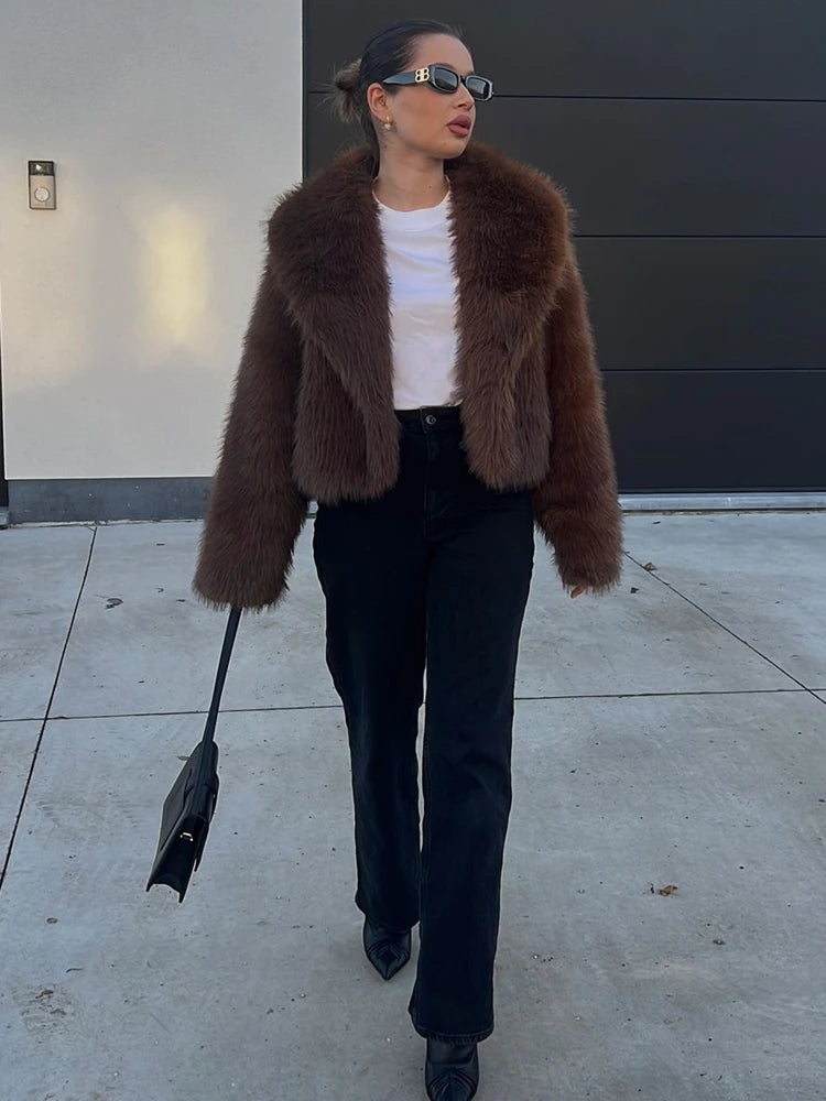 2024 RARA women's winter new style lapel long-sleeved artificial fur effect short coat comfortable temperament versatile