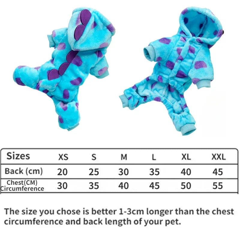 1PC Pet Clothing Dog Cat Autumn and Winter Thickened Warm Blue Dinosaur Hooded Coat For Small Medium Dogs