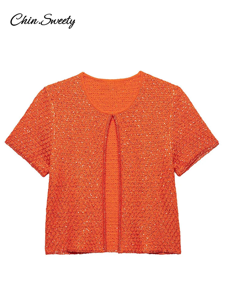 Fashion Knit Sequined Cardigan For Women Short Sleeve O-neck One Button Glitter Sweater Top 2025 Summer Lady Y2K Orange Knitwear
