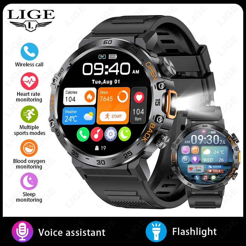 LIGE 2025 Smart Watch Men 360*360 AMOLED HD Screen Waterproof Sport Fitness Watches Flashlight New Men Smartwatch For Andrio IOS