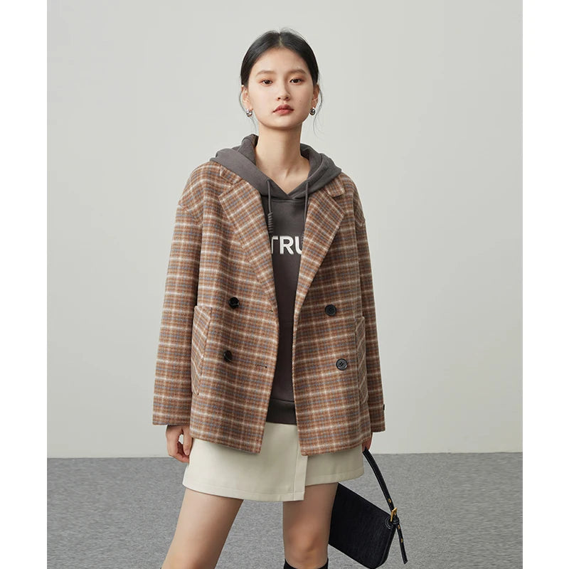 ZIQIAO British Style Plaid Wool Suit Jacket Women Winter Niche Sense Office Lady Commuter Double-sided Woolen Coat Length Option