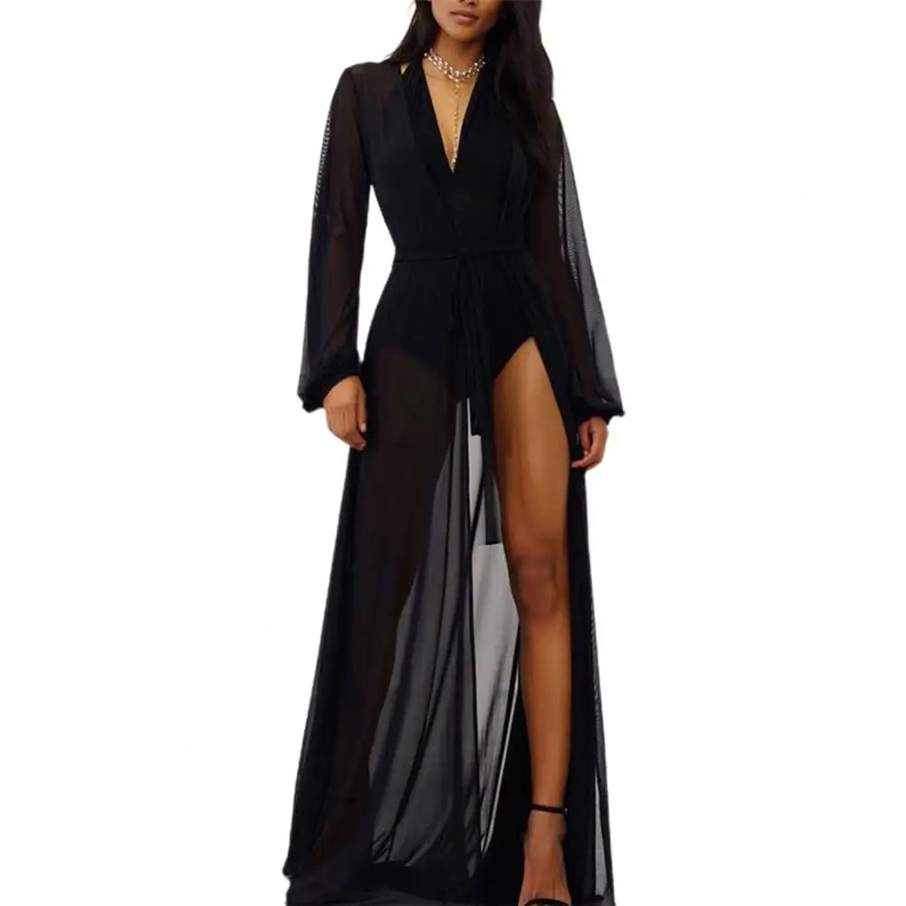 Deep V Neck Long Cardigan Sun Floor Length Ladies Cover up Sexy Lantern Sleeve Mesh Cardigan Beachwear For Outdoor