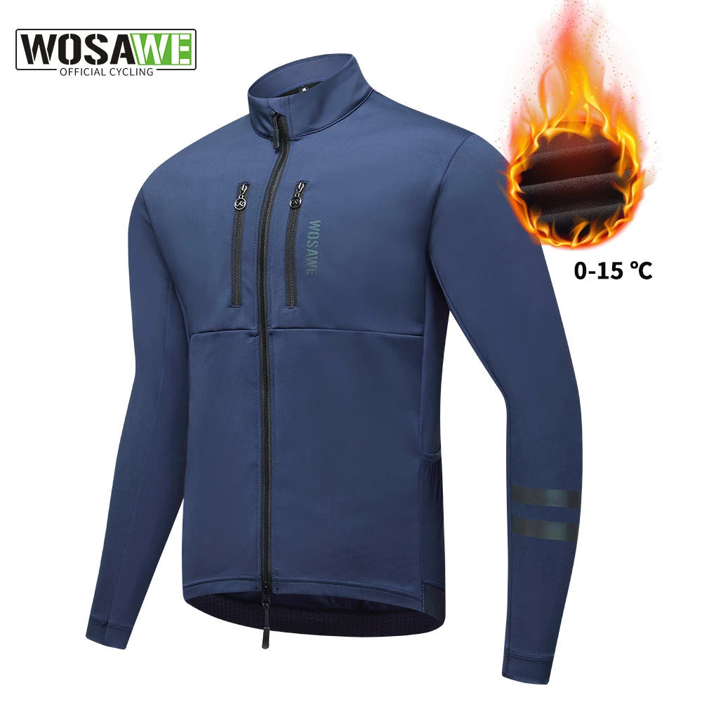 WOSAWE Men Cycling Jacket Autumn Winter Coats Thermal Fleece Windproof Bicycle Clothing Motorcycle Jackets with 2 way YKK Zipper