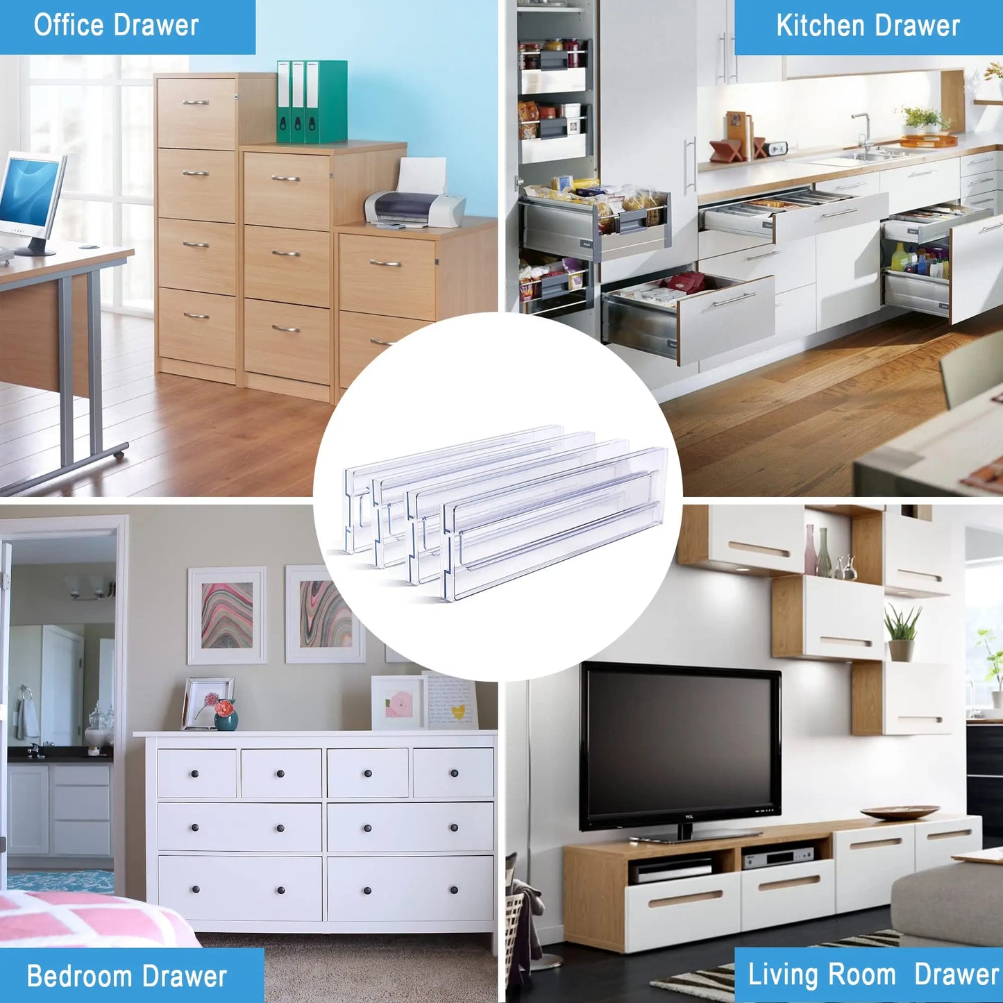 Drawer Dividers Organizers 4 Pack, Adjustable 8cm High Expandable from 27.5-52cm Kitchen Drawer Organizer, Clear Plastic