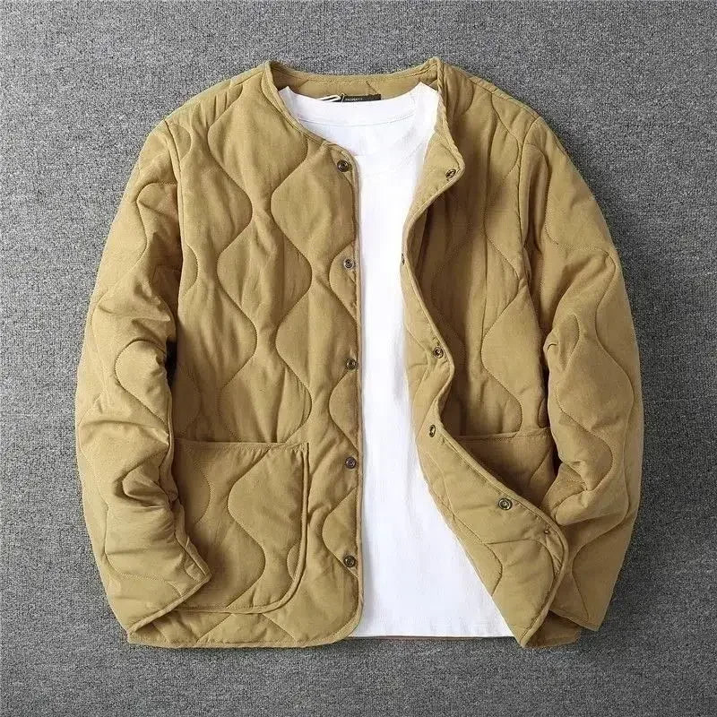 Autumn Winter O-neck Quilted Jacket Men's Versatile Green Retro Thickened Coat Men Techwear Button Up Oversize Jacket