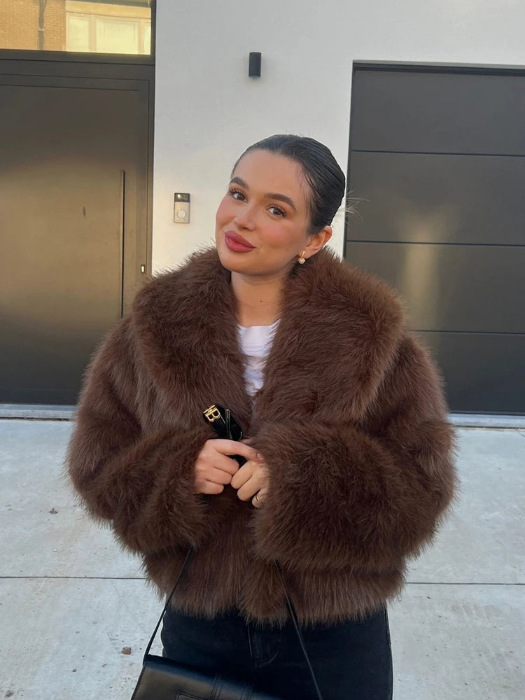 2024 RARA women's winter new style lapel long-sleeved artificial fur effect short coat comfortable temperament versatile