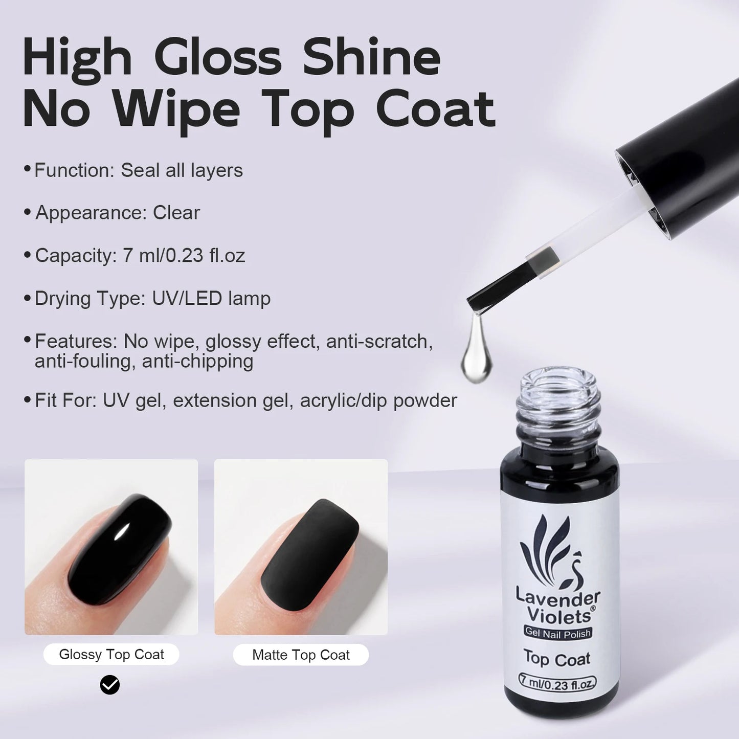 2pcs 7ml No Wipe Glossy and Matte Top Coat, Long Lasting Soak Off Nail Gel Varnish for Home Salon Manicure Beginner Use