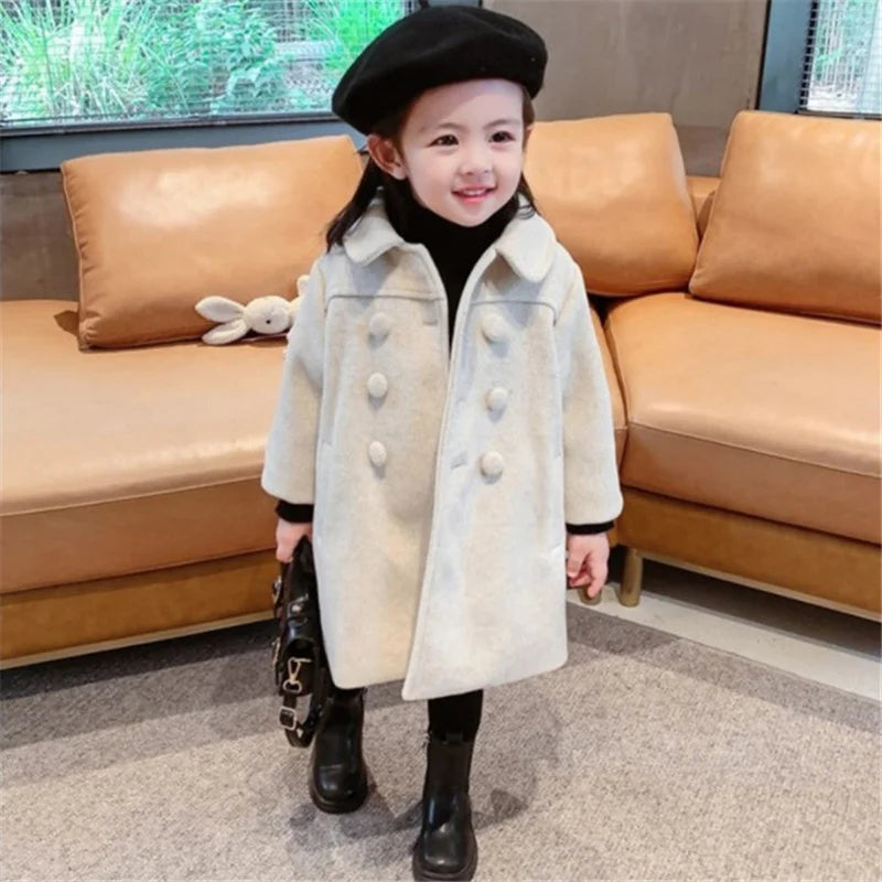 Children's Long Woolen Coat Autumn Winter Kids Warm Outerwear Girls' Double-Breasted Jackets Baby Cotton Clothing 2-8 Year