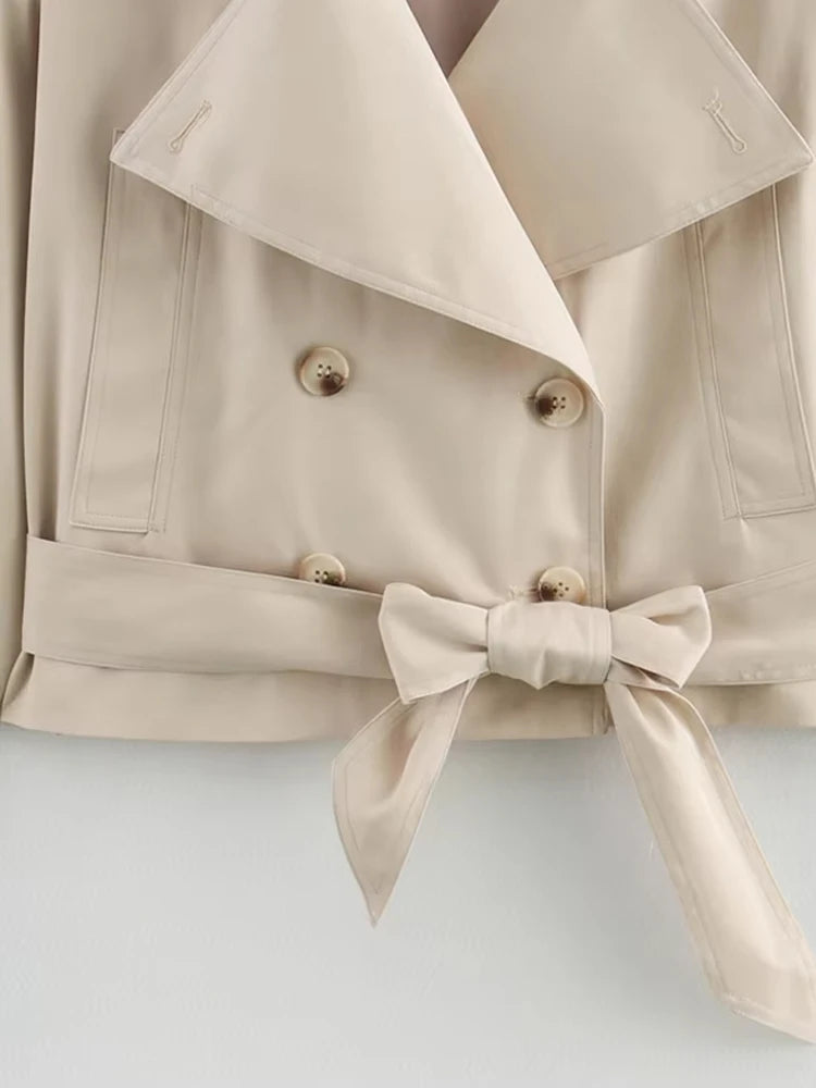 Double Breasted Crop Trench Coat for Women Fashion Belt Long Sleeve Lapel Collar Chic Outerwear Female Tops