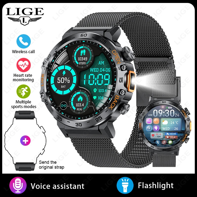 LIGE 2025 Smart Watch Men 360*360 AMOLED HD Screen Waterproof Sport Fitness Watches Flashlight New Men Smartwatch For Andrio IOS