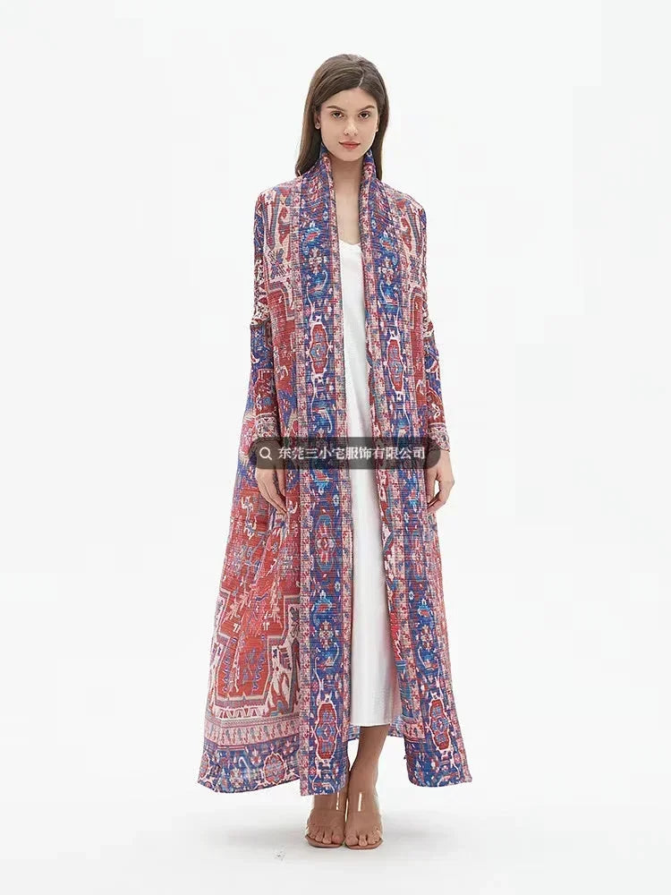 Miyake Pleated 2024 New Folded Collar Long Sleeved Retro Printed Dress Belt for Women Dubai Designer Original Fashion Loose Coat