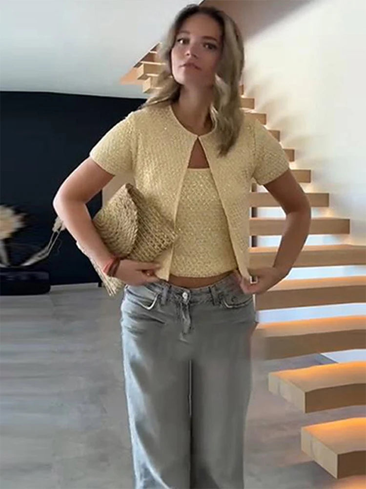 Casual Knit Cardigan 2 Pieces Women Loose O Neck Short Sleeves One Button Sweater Female 2025 Summer Fashion Chic Solid Knitwear