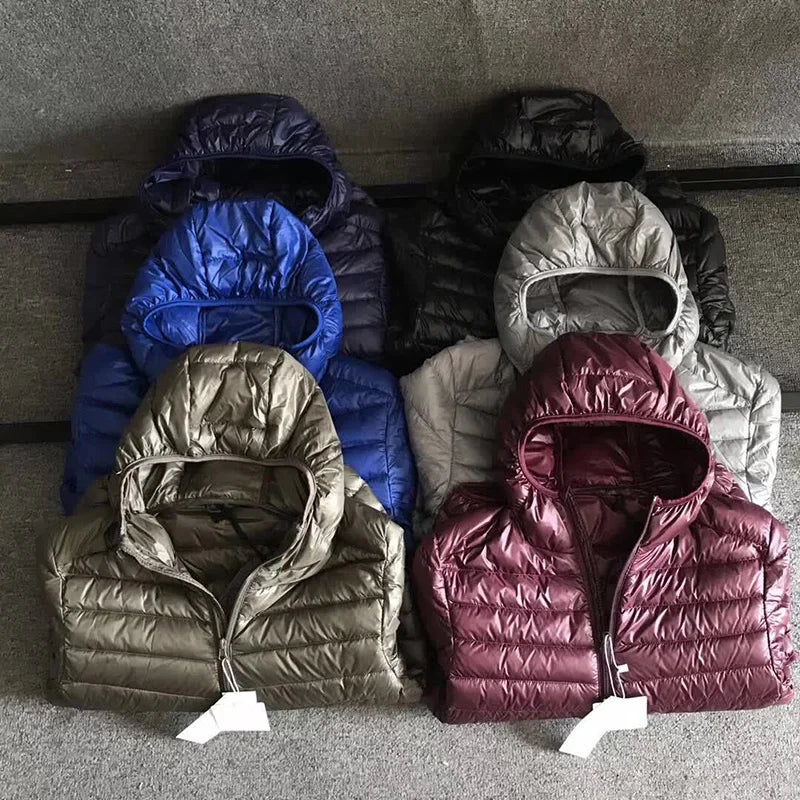 Plus Size Schinteon Men White Duck Down Jacket Ultra Light Thin Casual Coat Outerwear with Hood New Arrival Winter Autumn