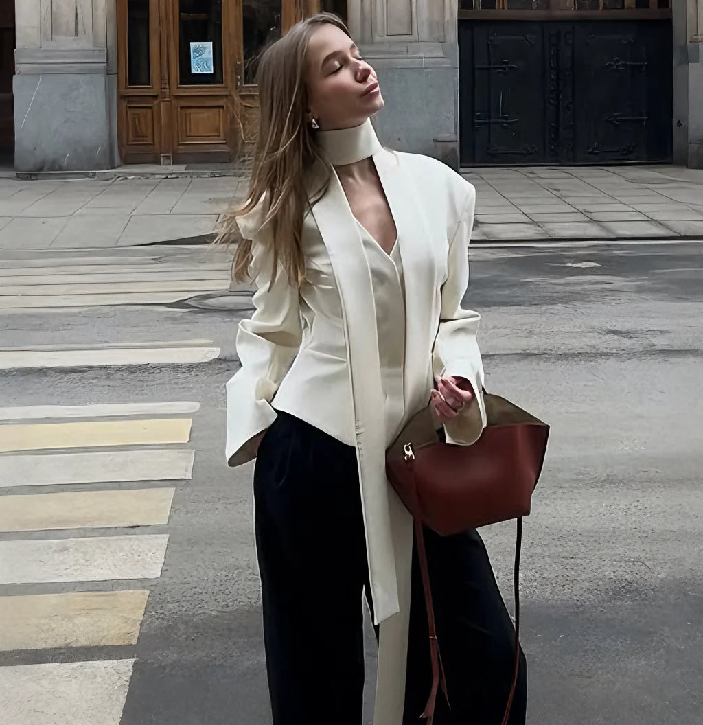 Tuularose Stripe Tailored Coat For Women Lace Up V Neck Long Sleeves Coat Female Fashion Elegant High-End Formal Tailored Coat