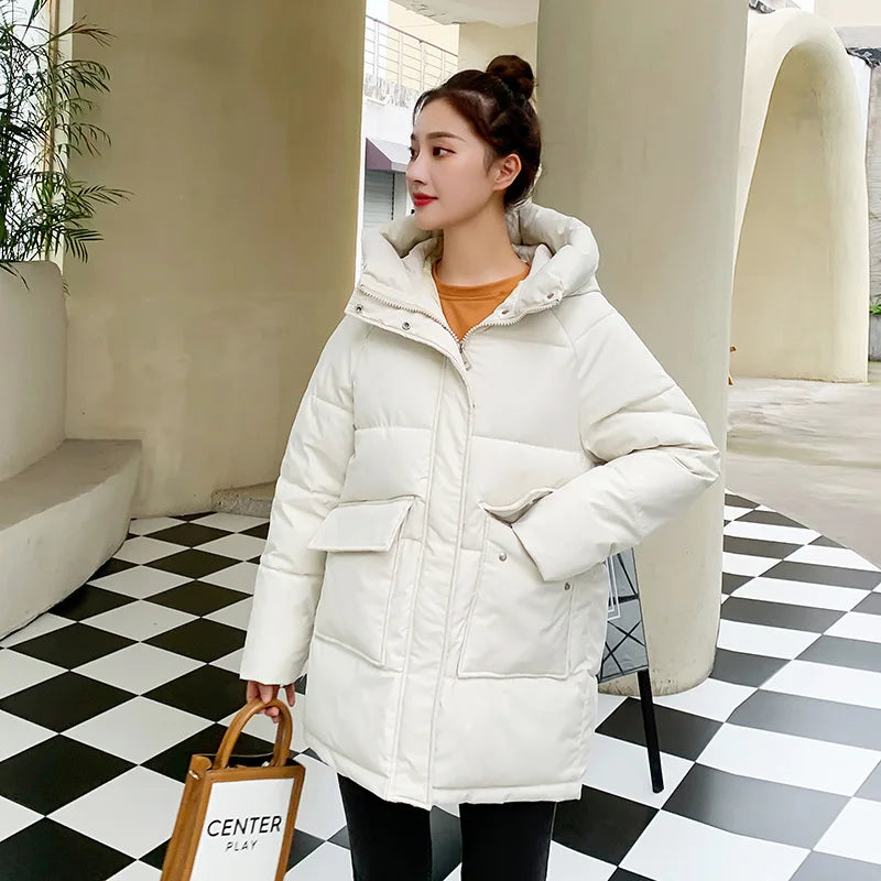 Women Winter Oversize Outwear Cotton Down Coat Solid Hooded Thicken Black Coffee Female Parkas Middle Long Jacket