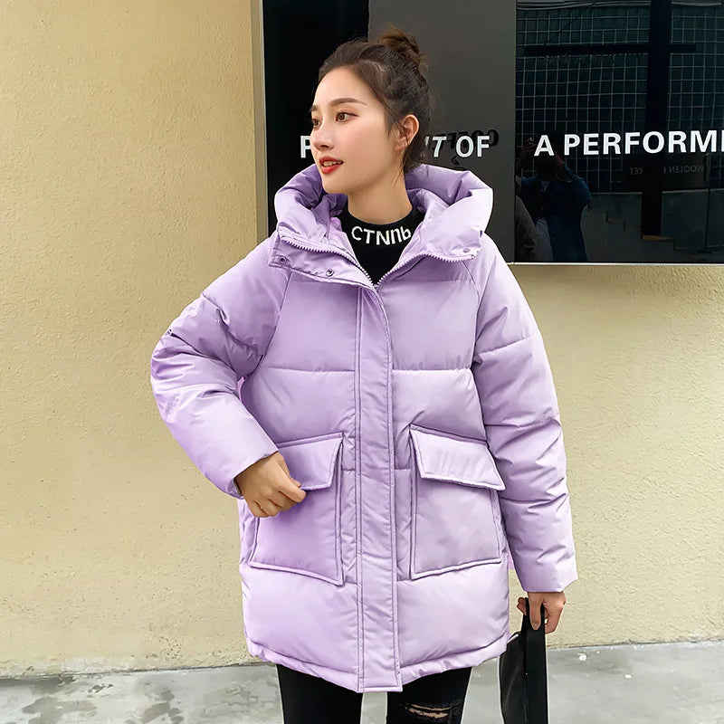 Women Winter Oversize Outwear Cotton Down Coat Solid Hooded Thicken Black Coffee Female Parkas Middle Long Jacket