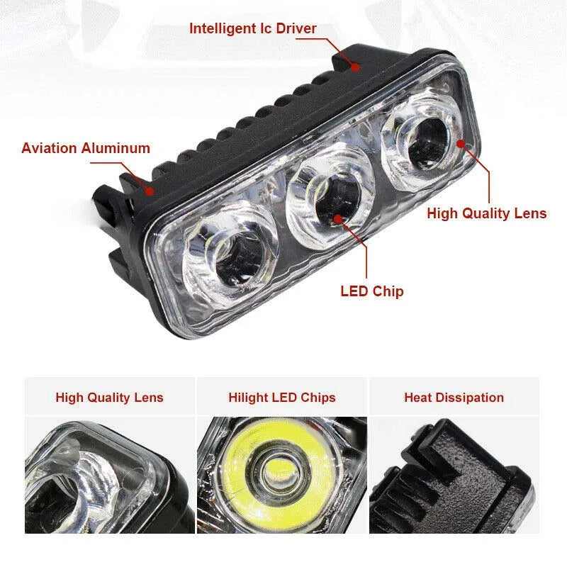 2Pcs Car 3LED Super White High Power Work Lights 6000K~7000K DRL Daytime Running Lights Universal LED Fog Lamps Car Accessories