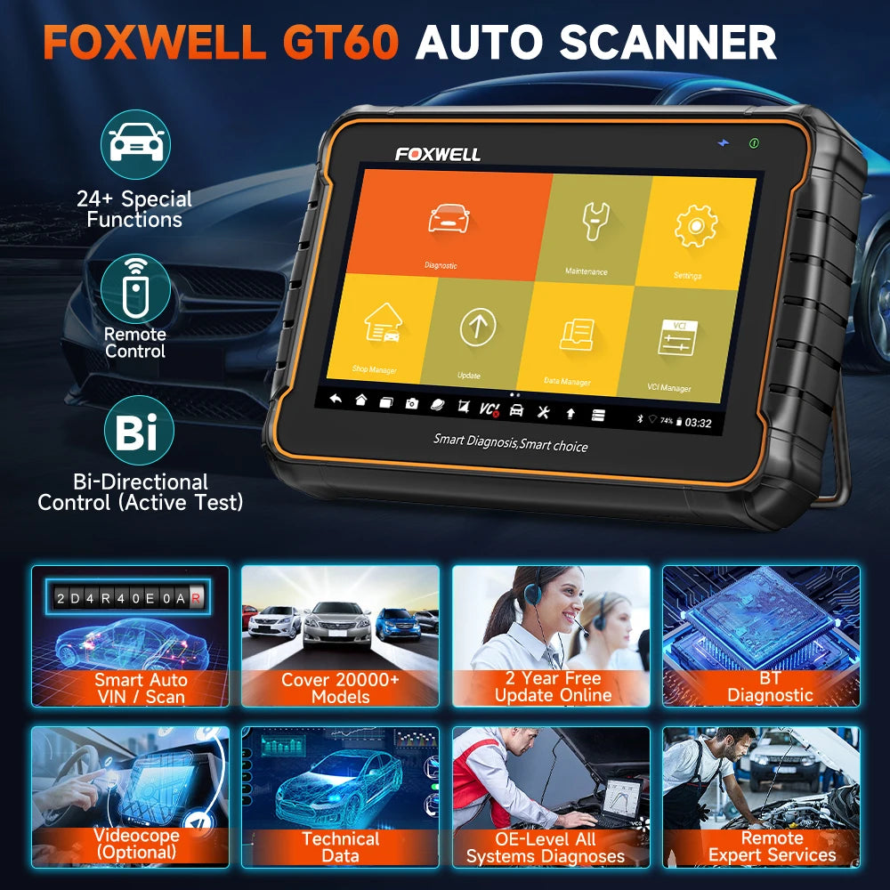 FOXWELL GT60 OBD2 Diagnostic Tool Full System Active Test Car Code Reader 24 Reset Service Professional OBD 2 Automotive Scanner