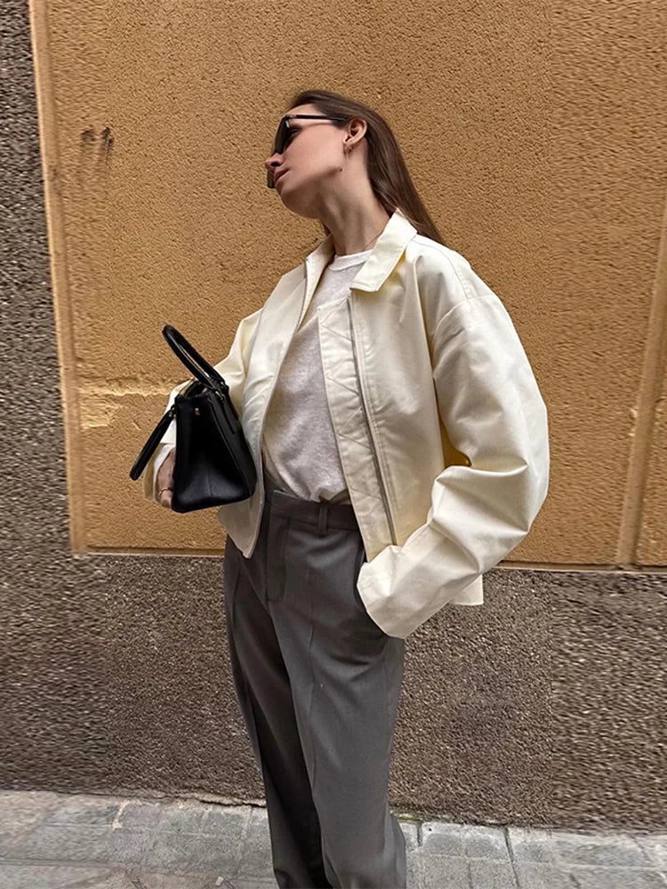 Spring Casual Women's Jackets Lapel Full Sleeves Zippers Loose Female Coat 2025 Street Fashion All-match Minimalism Lady Outwear