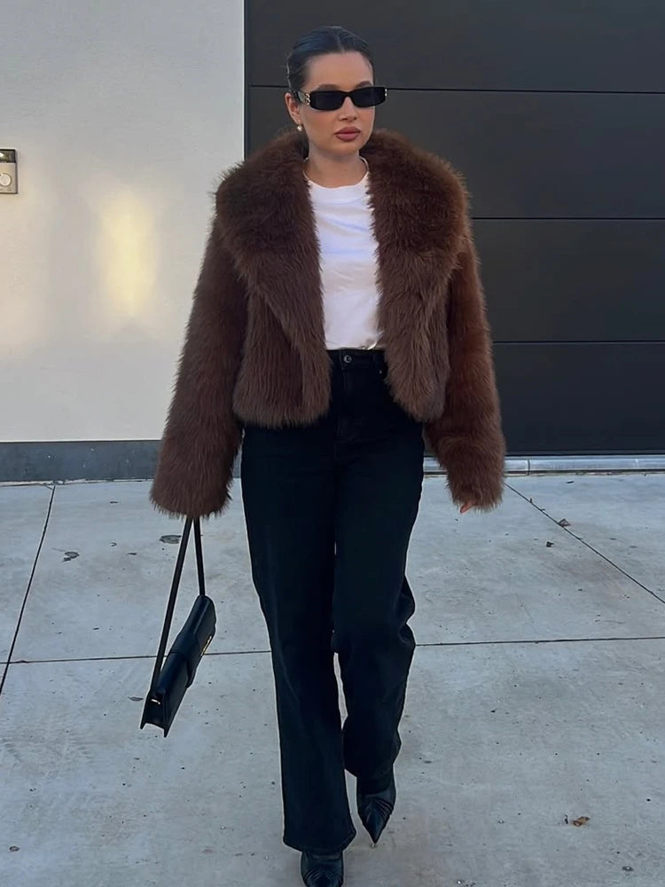 2024 RARA women's winter new style lapel long-sleeved artificial fur effect short coat comfortable temperament versatile