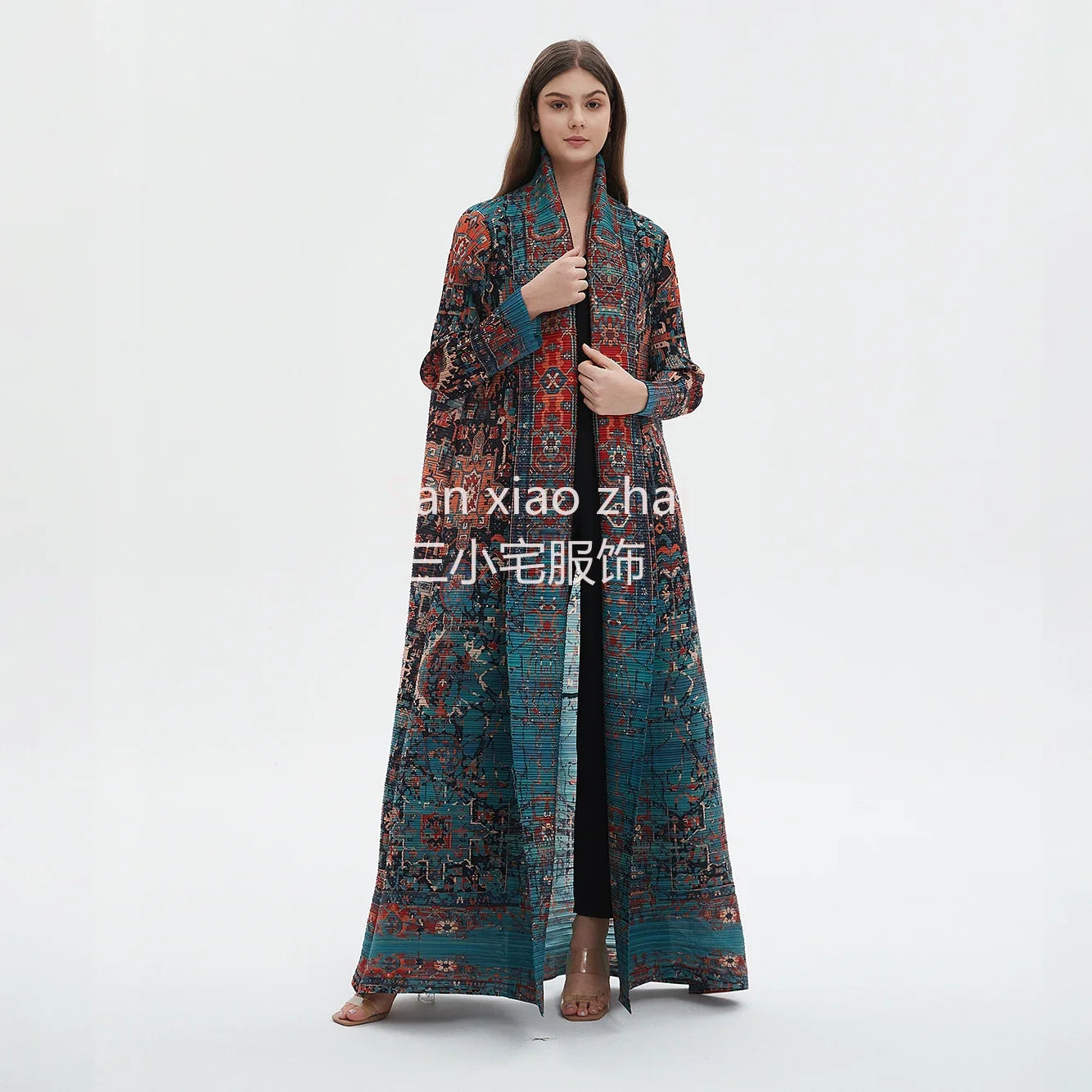 Miyake Pleated 2024 New Folded Collar Long Sleeved Retro Printed Dress Belt for Women Dubai Designer Original Fashion Loose Coat
