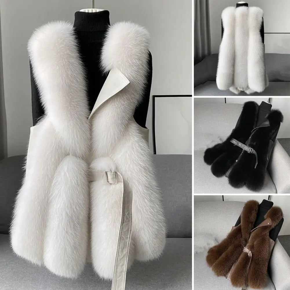 Winter Thick Fluffy Faux Fur Women Vest Coat Button Belt Patchwork Windproof Faux Leather Vest Sleeveless Waistcoat