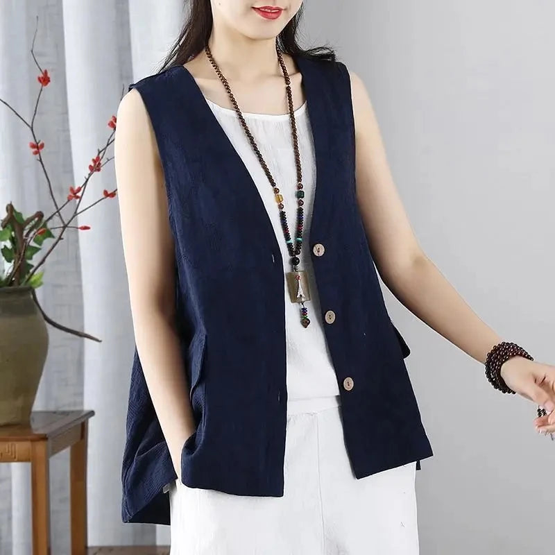 Fashion Retro Cotton Linen Vest Women's Waistcoat V Neck Loose Sleeveless Vest Coat Thin Cardigan Vest Jacket Tops Female 2022