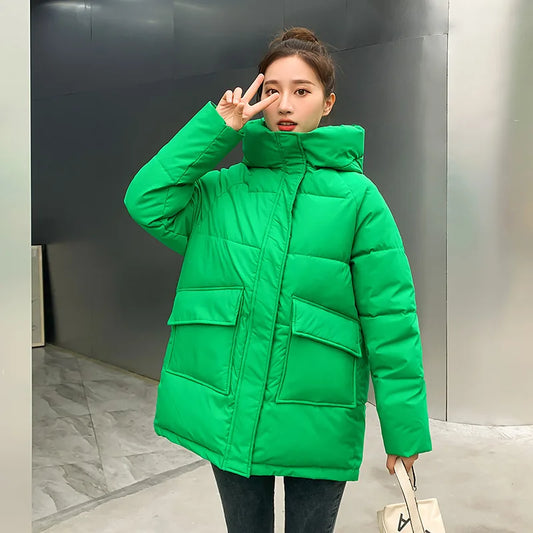 Women Winter Oversize Outwear Cotton Down Coat Solid Hooded Thicken Black Coffee Female Parkas Middle Long Jacket