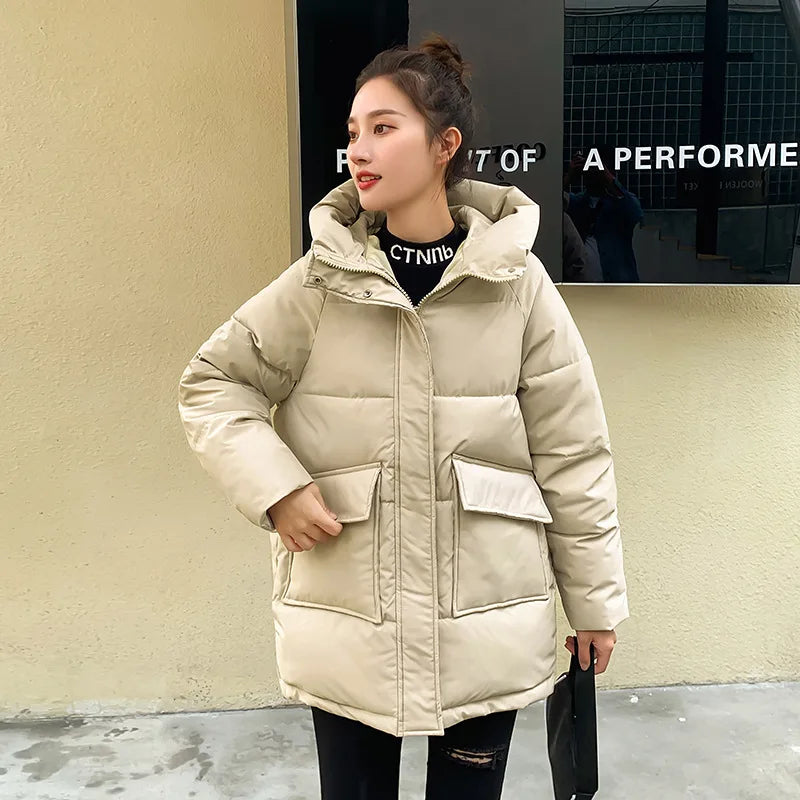 Women Winter Oversize Outwear Cotton Down Coat Solid Hooded Thicken Black Coffee Female Parkas Middle Long Jacket