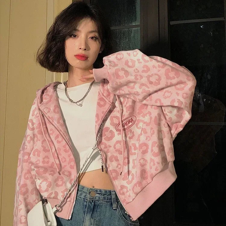 2023 Pink Leopard Slip-On Cropped Cardigan Jacket Women's Spring Autumn New Loose-Fit Hong Kong Style Vintage Hooded Sweatshirt