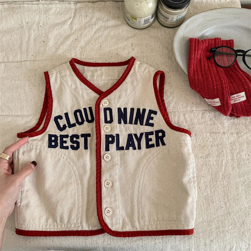 Children's Vest for Boys Girls 2025 Spring Autumn New Baby Denim Vest Letter Print Girls Kids V-Neck Waistcoat Coat