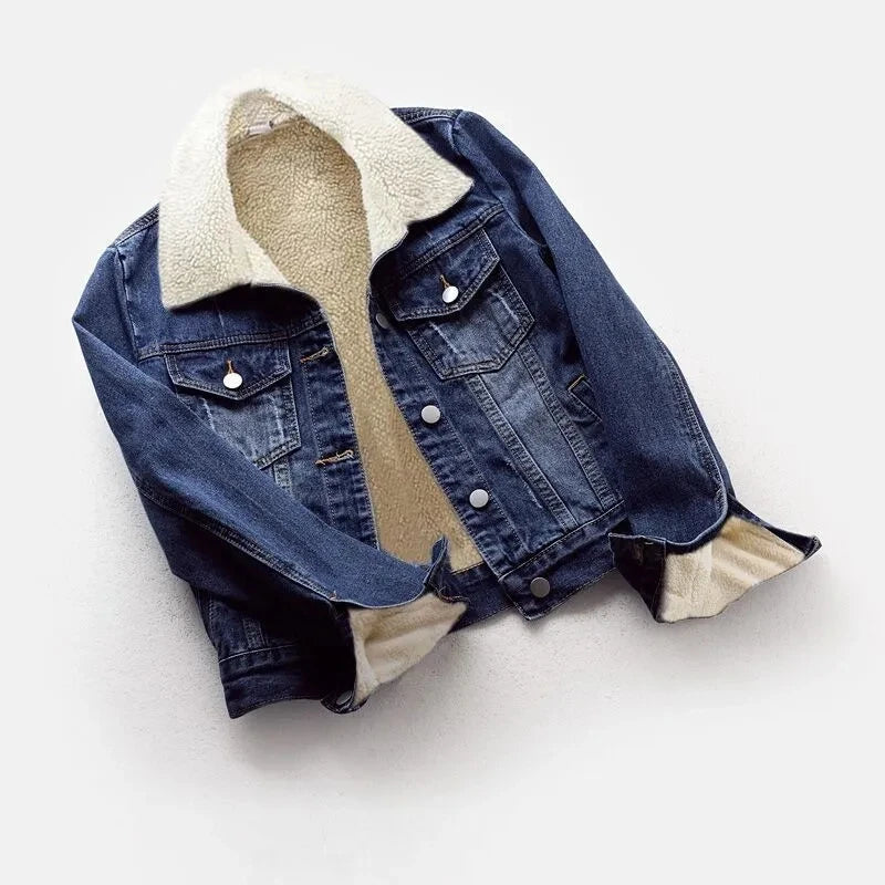 Fleece Warm Winter Jean Jacket Female Pockets Button Soft 2024 Warm Outerwear Fashion Slim Denim Coats For Women