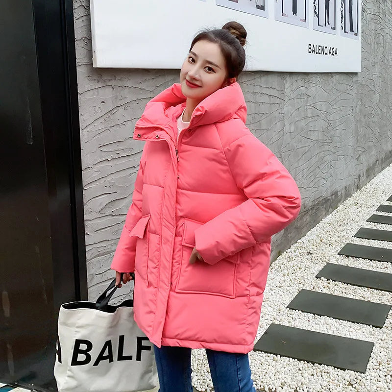 Women Winter Oversize Outwear Cotton Down Coat Solid Hooded Thicken Black Coffee Female Parkas Middle Long Jacket