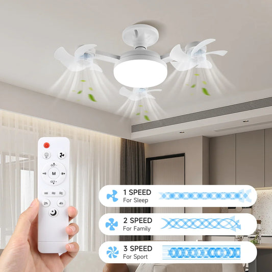 Timed Fan Lamp E27 Led Ceiling Fan Lights for Living Room Remote Control Dimming 3 Colors Kitchen Lamp 3-Speed Drone Fan Lamps