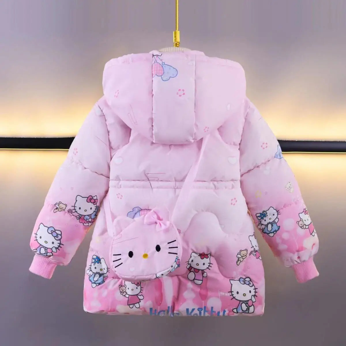 Baby Girl Outerwear 2025 New Winter Children Cartoon Hello Kitty Printed Plush Thick  Warm Princess Coat Zipper Hooded Parka+Bag