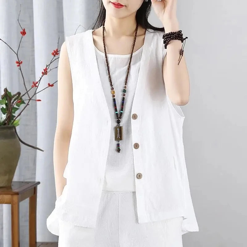 Fashion Retro Cotton Linen Vest Women's Waistcoat V Neck Loose Sleeveless Vest Coat Thin Cardigan Vest Jacket Tops Female 2022