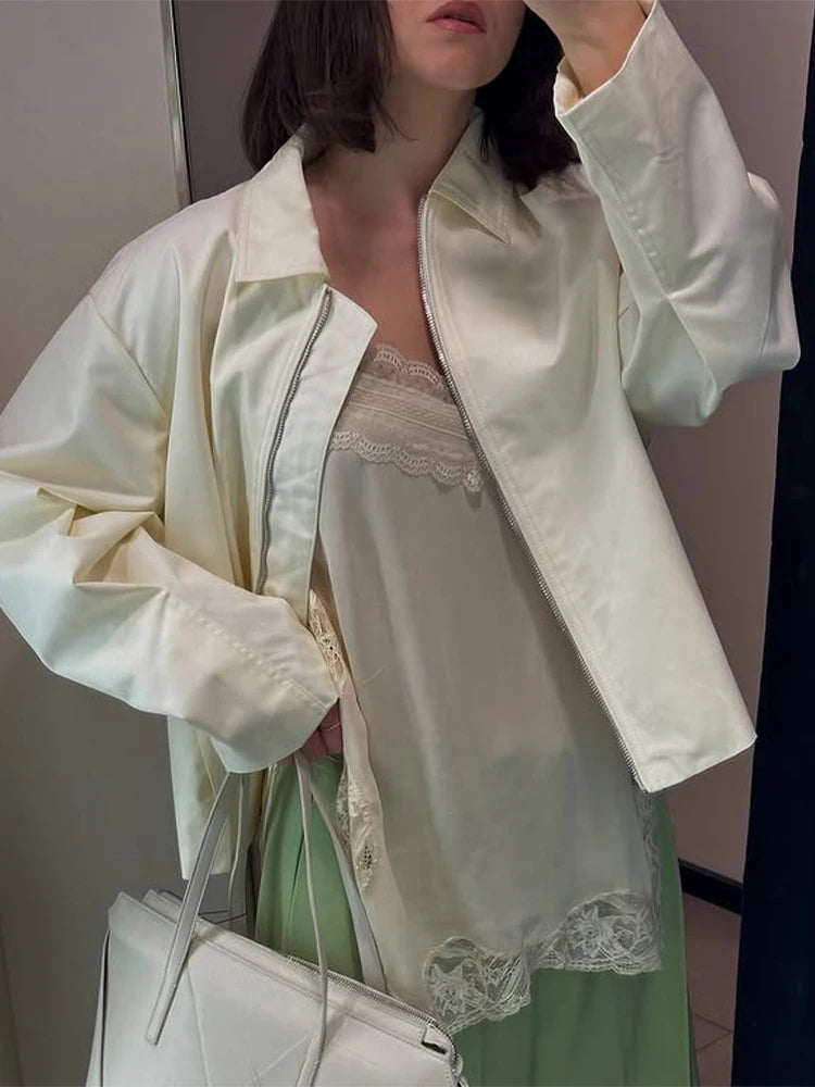 Spring Casual Women's Jackets Lapel Full Sleeves Zippers Loose Female Coat 2025 Street Fashion All-match Minimalism Lady Outwear