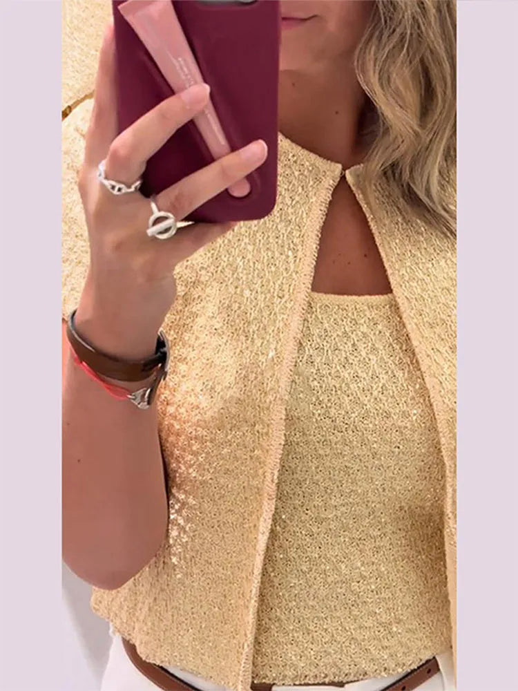 Casual Knit Cardigan 2 Pieces Women Loose O Neck Short Sleeves One Button Sweater Female 2025 Summer Fashion Chic Solid Knitwear