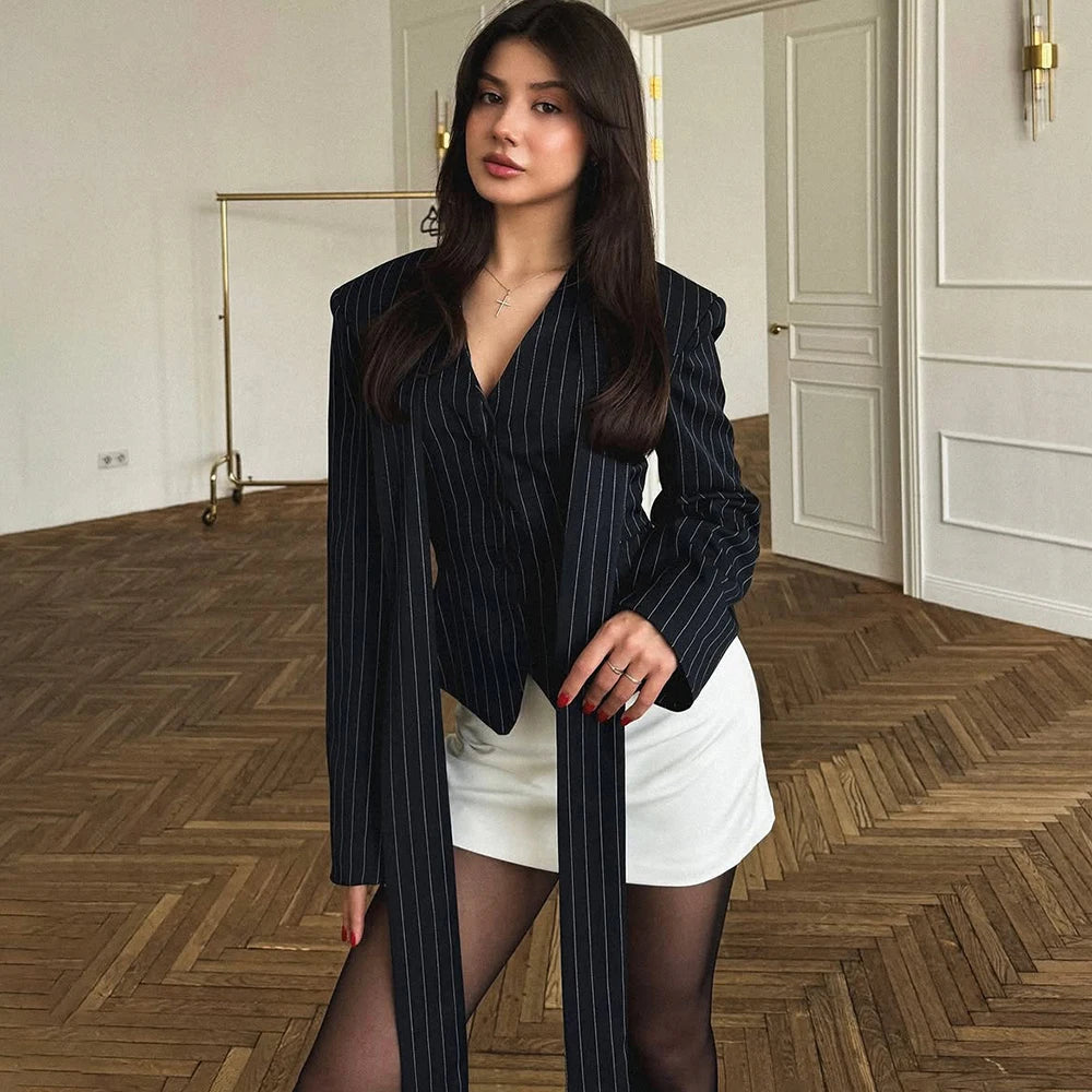 Tuularose Stripe Tailored Coat For Women Lace Up V Neck Long Sleeves Coat Female Fashion Elegant High-End Formal Tailored Coat