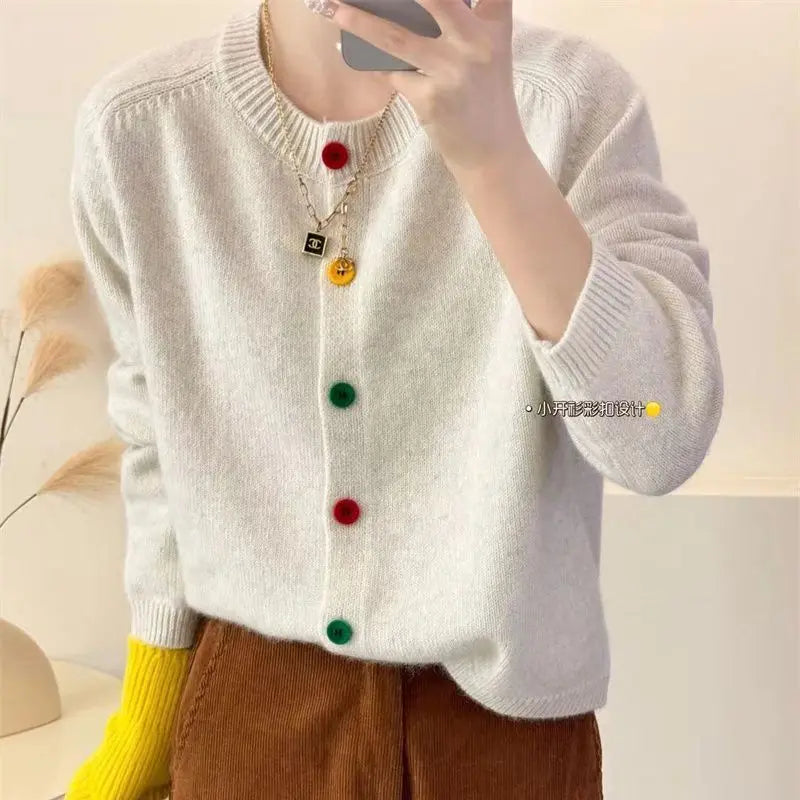 Japanese Sweet and Fresh Round Neck Colorful Button Knitwear Coat Academy Style Western Versatile Sweater Women's Cardigan