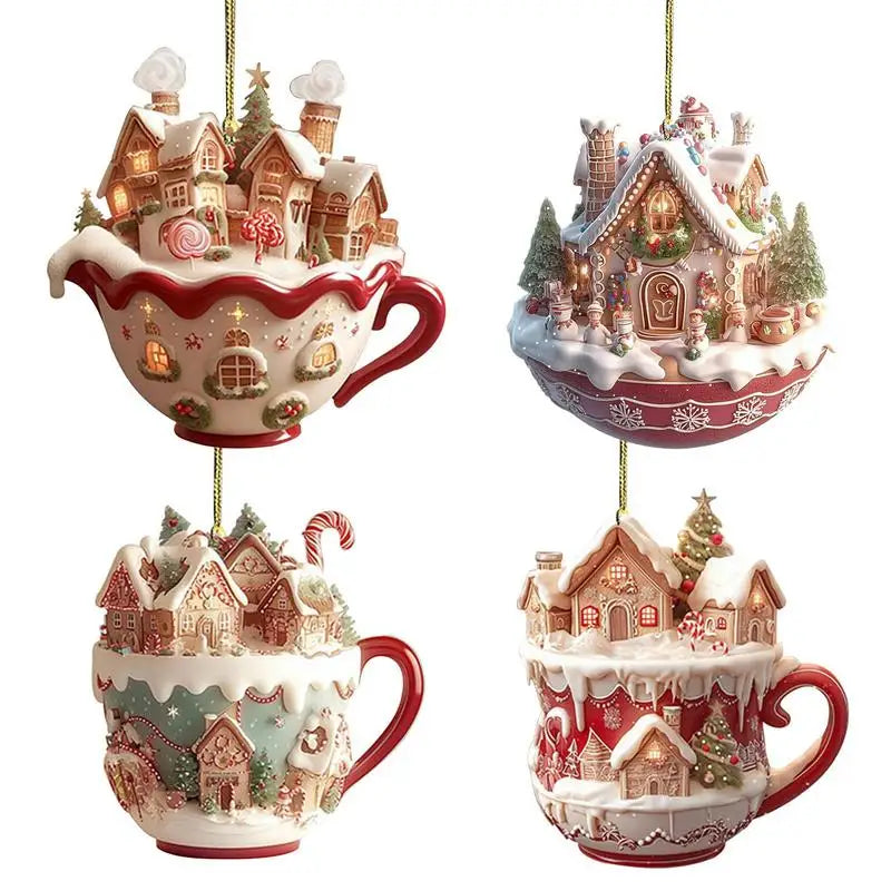 Christmas Snow House Pendant - Acrylic 2D Tree Ornament Keychain Holiday Decoration