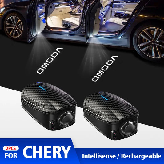 For Chery Omoda C5 5 FX 2023 2024 2pcs USB Rechargeable GR Sport Logo Car Door HD LED Lamps Projector Courtesy Welcome Lights